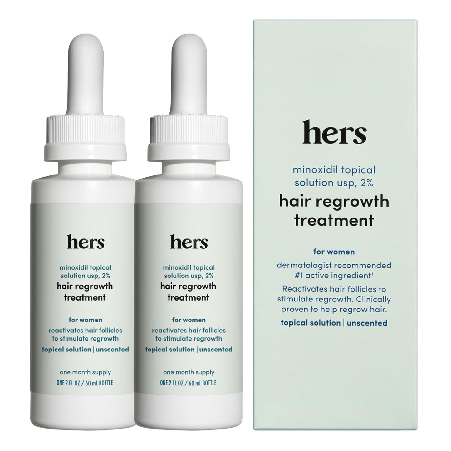 hers Hair Regrowth Treatment - Topical Minoxidil 2% Solution for Women - Supports Thicker, Fuller Hair - Non-Greasy - Unscented, 2 Pack Beauty and Personal Care HIMS & HERS