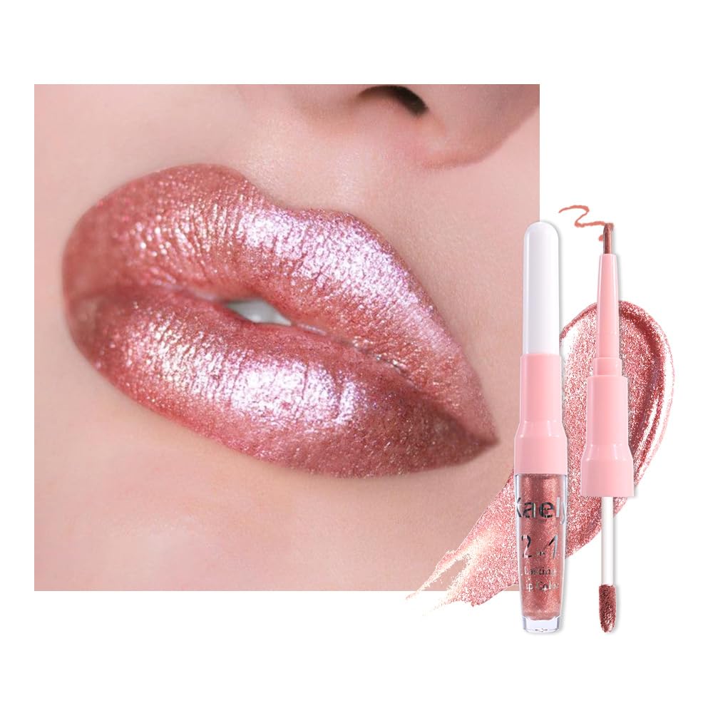 Rose Gold Metallic Lip Liner and Lipstick Combo Lip Gloss Tints Stain Set Makeup for Women Long Lasting Waterproof 24, Light Pink Metallic Glitter Beauty and Personal Care evpct Default Title