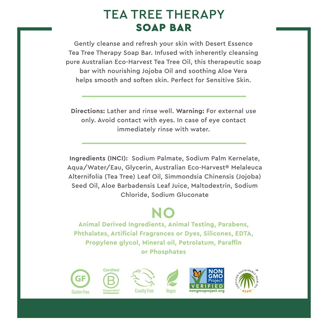 Desert Essence Tea Tree Therapy Cleansing Bar Soap - 5 Ounce - Therapeutic Skincare - All Skin Types - Jojoba Oil - Aloe Vera - Palm Oil - Moisturizes Beauty & Personal Care Desert Essence