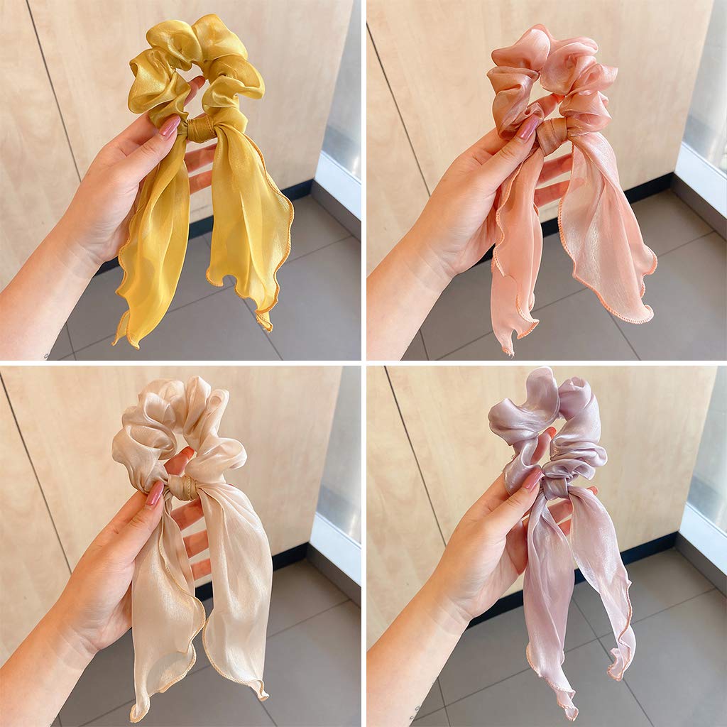 Silk Satin Bow Hair Ties, Chiffon Hair Ties in Boho Style, Bows Ponytail Accessories for Women or Girls (6 pcs)