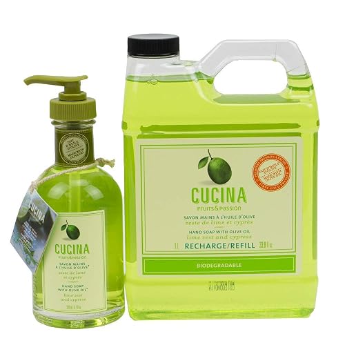 Cucina Fruits & Passion Lime Zest and Cypress Hand Soap Set, 6.7 fl oz Glass Bottle and 33.8 fl oz Refill, Made in Canada Beauty & Personal Care Cucina
