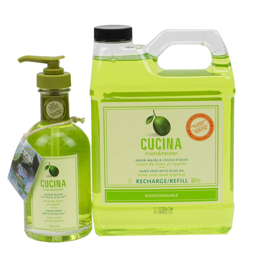 Cucina Fruits & Passion Lime Zest and Cypress Hand Soap Set, 6.7 fl oz Glass Bottle and 33.8 fl oz Refill, Made in Canada Beauty & Personal Care Cucina