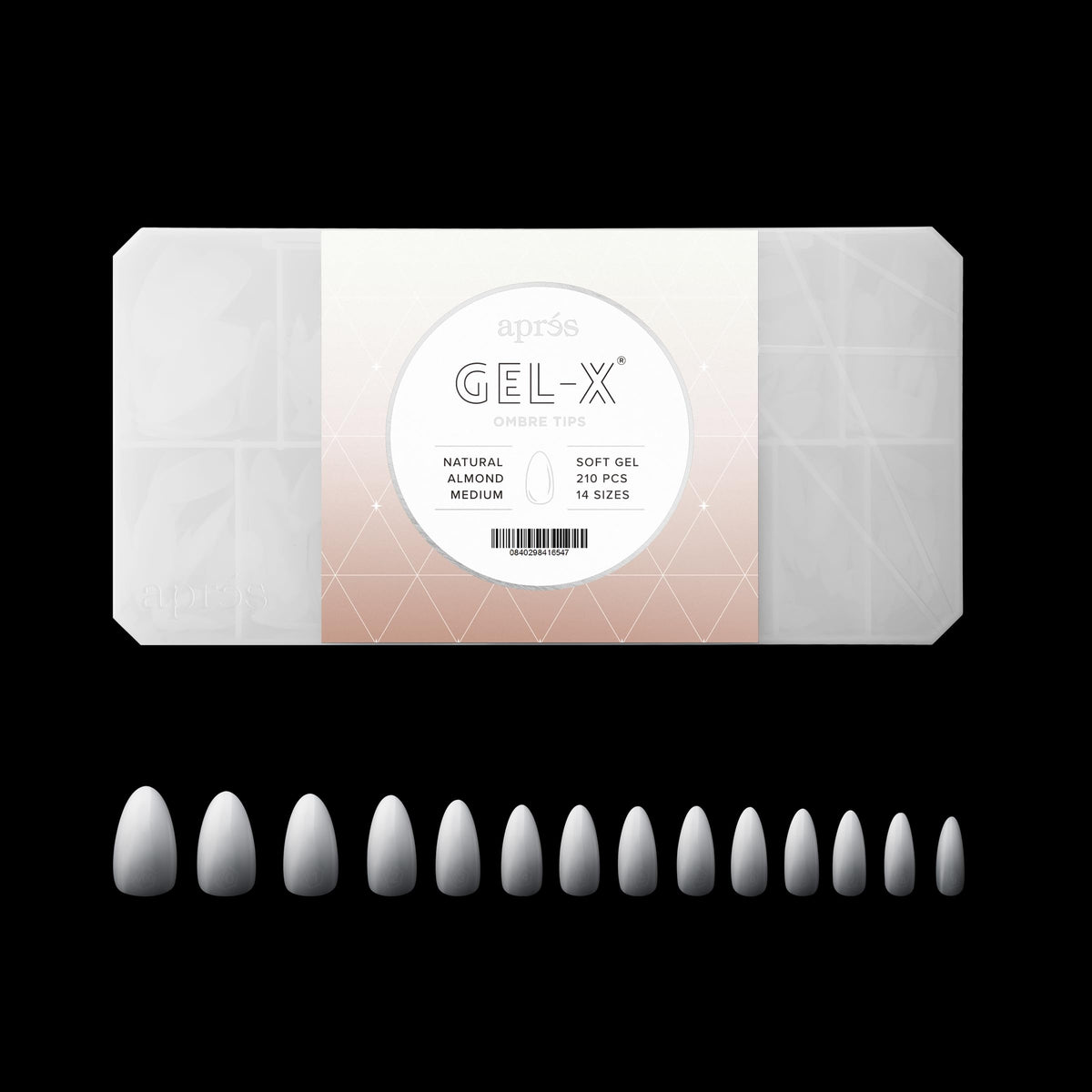 Apres Ombre Gel-X® Box of Nail Tips, 14 Sizes 00-9, Premium Quality (Natural Almond Medium, 210 Count)