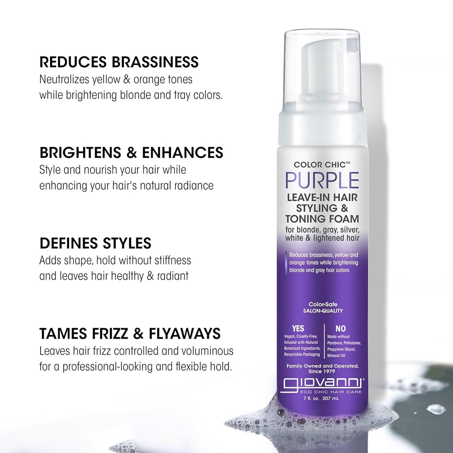 GIOVANNI Color Chic Purple Leave-In Hair Styling & Toning Foam - Purple Foam for Blonde, Gray, Brassy, Fine Hair, Gives Volume & Shine for Women & Men Beauty & Personal Care GIOVANNI