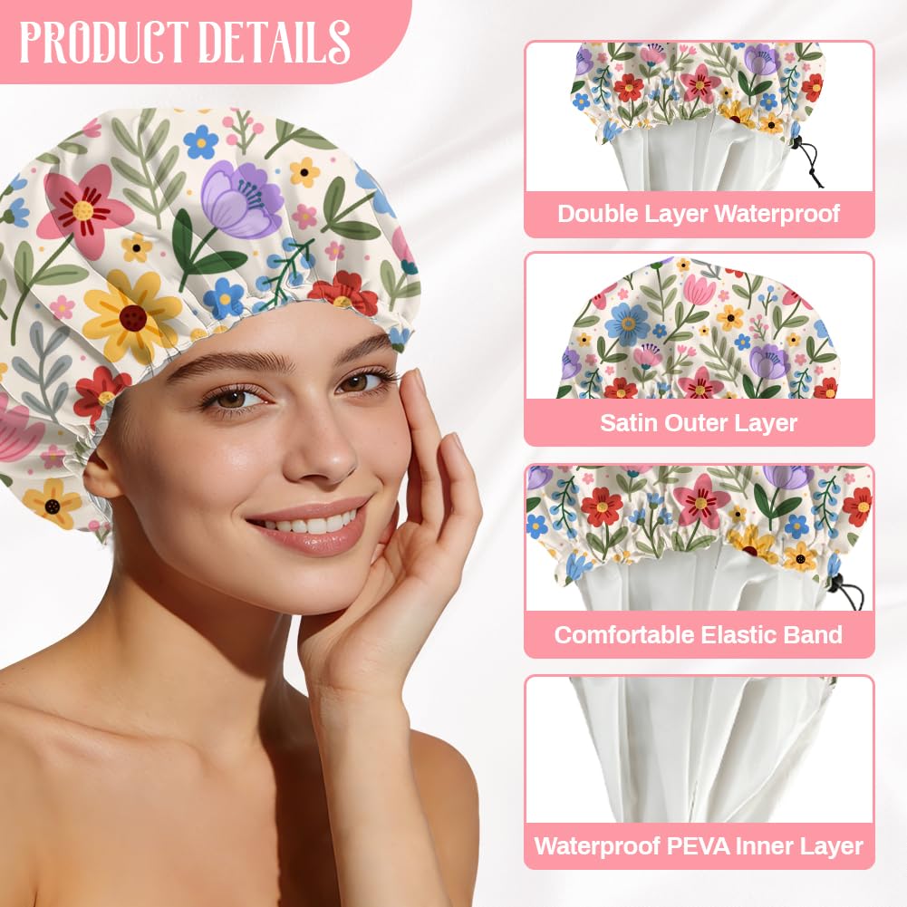 DELORIGIN Bohemian Floral Patterns Reusable Shower Cap Cute Double Layer Waterproof Shower Caps Large Elastic Hair Cover Adjustable Hair - Drying Caps Beauty and Personal Care DELORIGIN