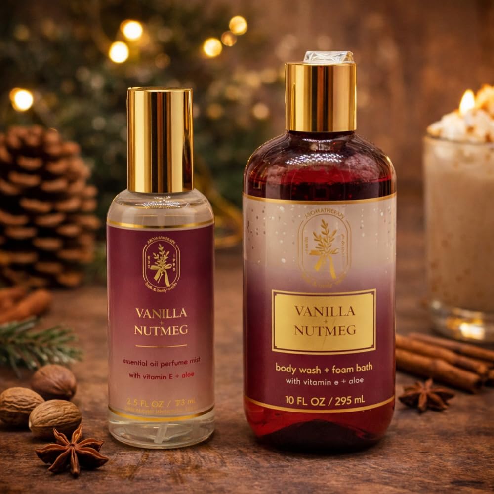 Bath & Body Works Aromatherapy Vanilla Nutmeg Essential Oil Mist and Body Wash & Foam Bath 2-piece Gift Set with a 30-inch Gold Metallic Ribbon Beauty and Personal Care Bath & Body Works