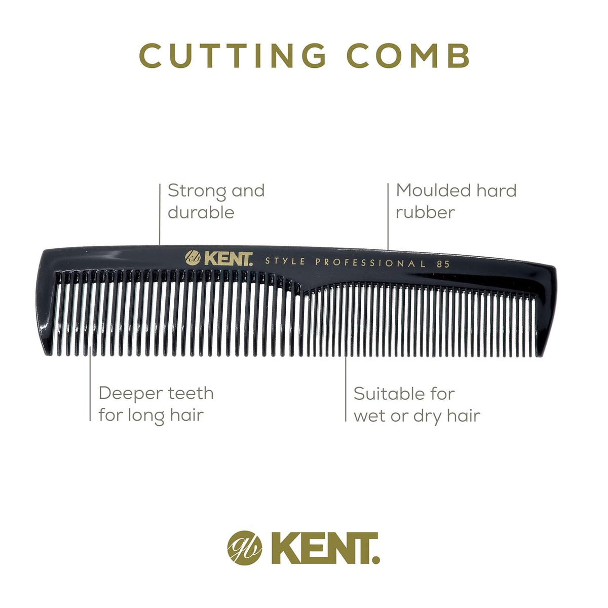 Kent SPC85 5 inch Salon-Style Dressing Cutting Comb with Wide and Fine Teeth Professional Barber Haircut Comb for Styling and Teasing, Hard Rubber,
