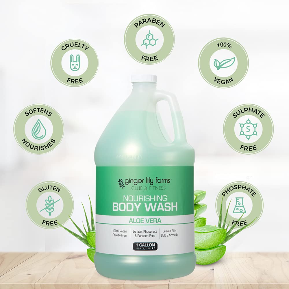 Ginger Lily Farms Club & Fitness Nourishing Body Wash, 100% Vegan & Cruelty-Free, Bath & Shower Gel for Men and Women, Aloe Vera Scent, 1 Gallon (128 Beauty & Personal Care Ginger Lily Farms