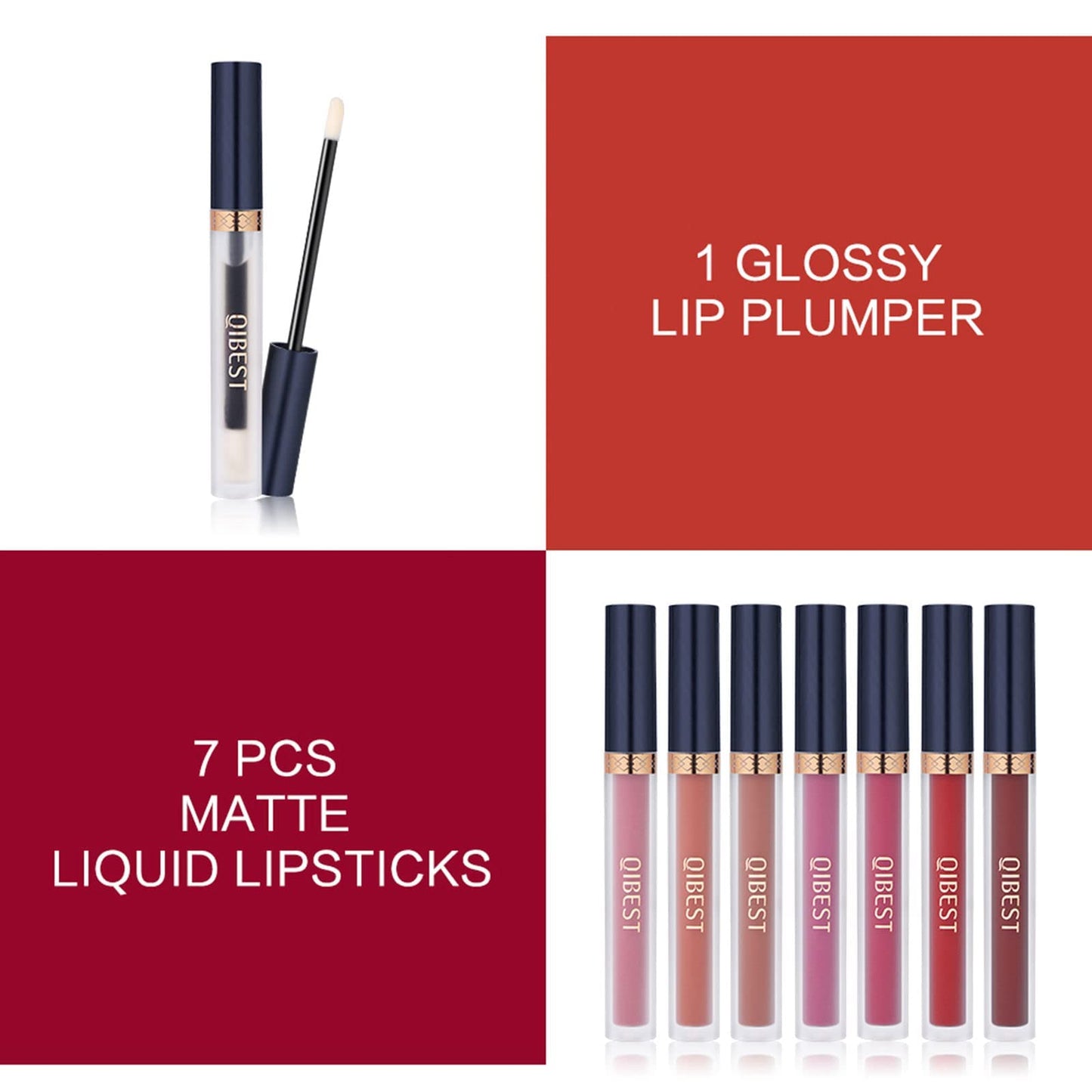 QiBest 7Pcs Matte Liquid Lipstick + 1Pcs Lip Plumper Makeup Set Kit, Pigmented Long Lasting Lip Gloss Set, Velvet Waterproof Halloween Lip Makeup Beauty & Personal Care QiBest