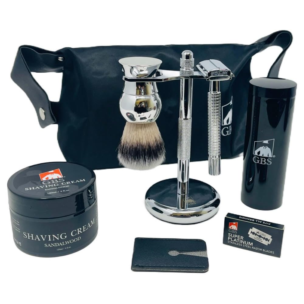 G.B.S Travel Shaving Kit- Steel Razor and Brush Stand, Chrome Double Edge Safety Razor + Leather Head Sleeve, Shave Brush + Travel Tube, Sandalwood Beauty and Personal Care G.B.S