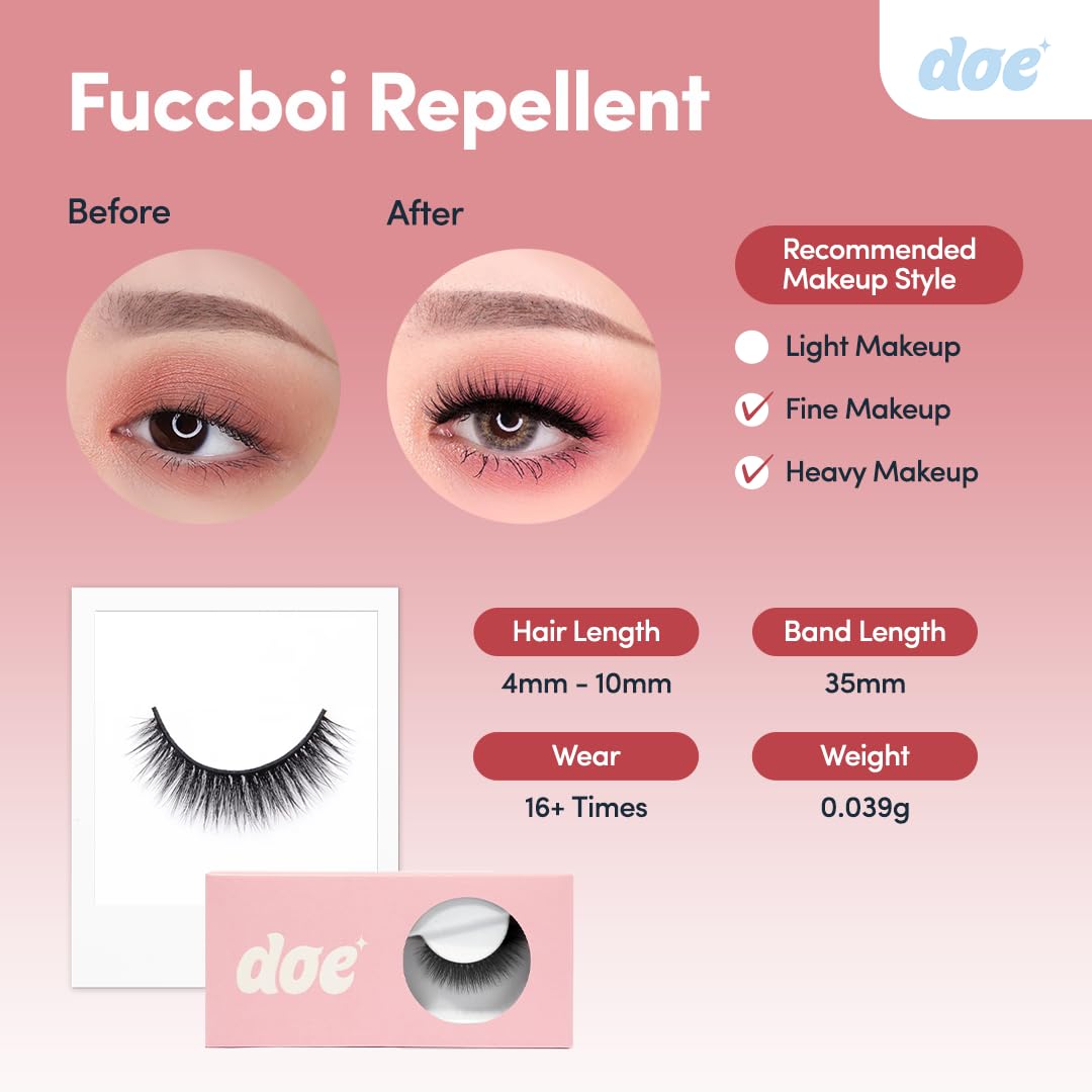 Fuccboi Repellent - Reusable 15 Wears, Fluffy Looking Vegan False Lashes, Handmade from Korean Silk. Lightweight Cruelty Free Eyelash with Volume - 1 Beauty & Personal Care Doe Lashes