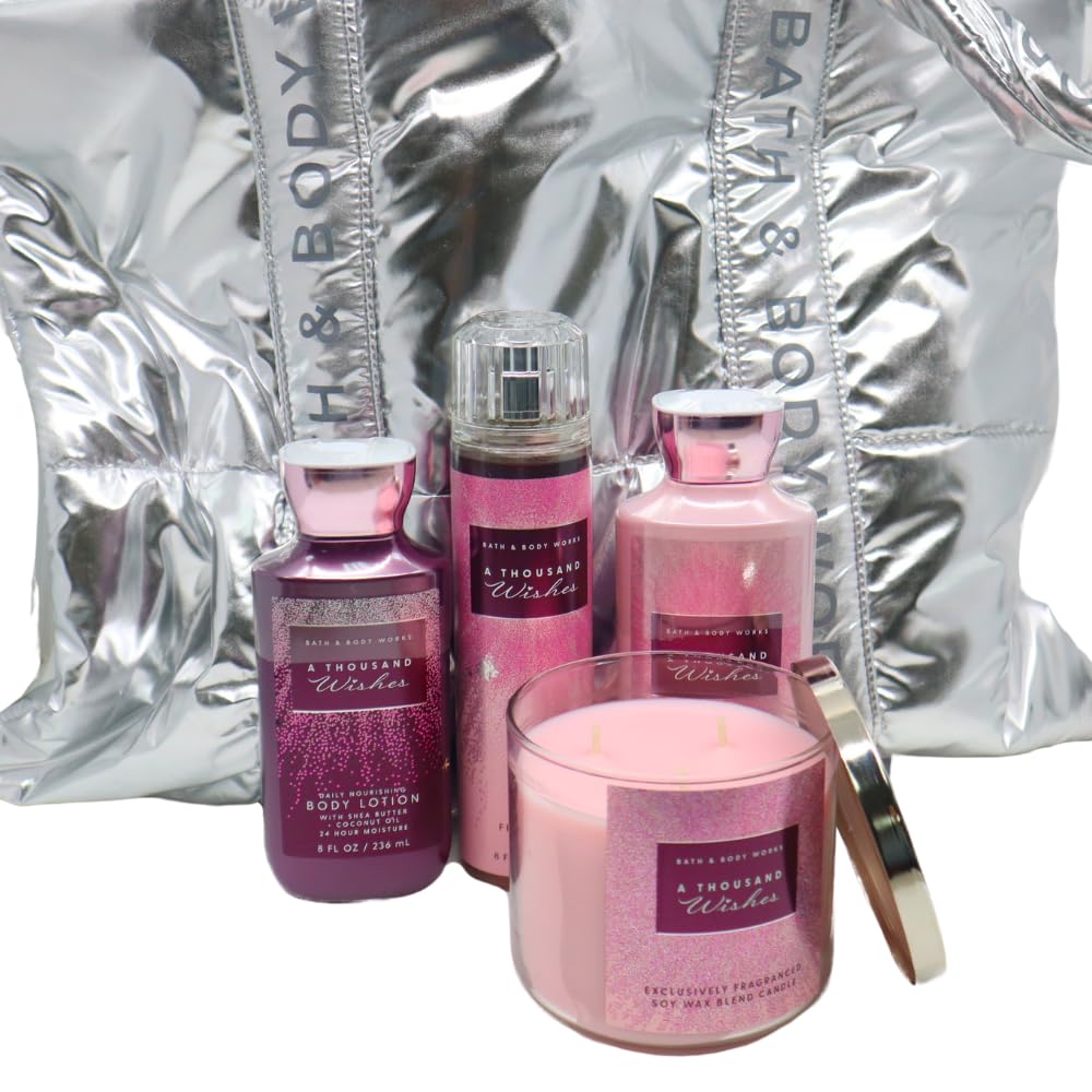 Bath & Body Works A THOUSAND WISHES Deluxe 4pc Gift Set with a Silver Bag - Body Lotion, Body Wash, Fine Fragrance Mist, and 3-wick Candle Beauty and Personal Care Bath & Body Works