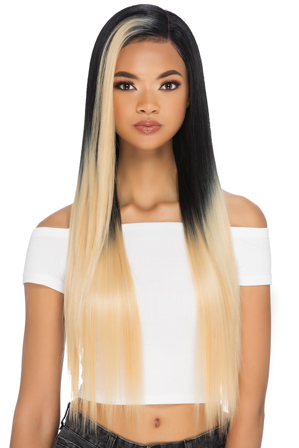 Vivica A. Fox BLONDIE New Futura Fiber, 30 Inch Layered Straight Style Invisible Side Part, Special Color Hair Mixed in with Off Black, Natural Baby