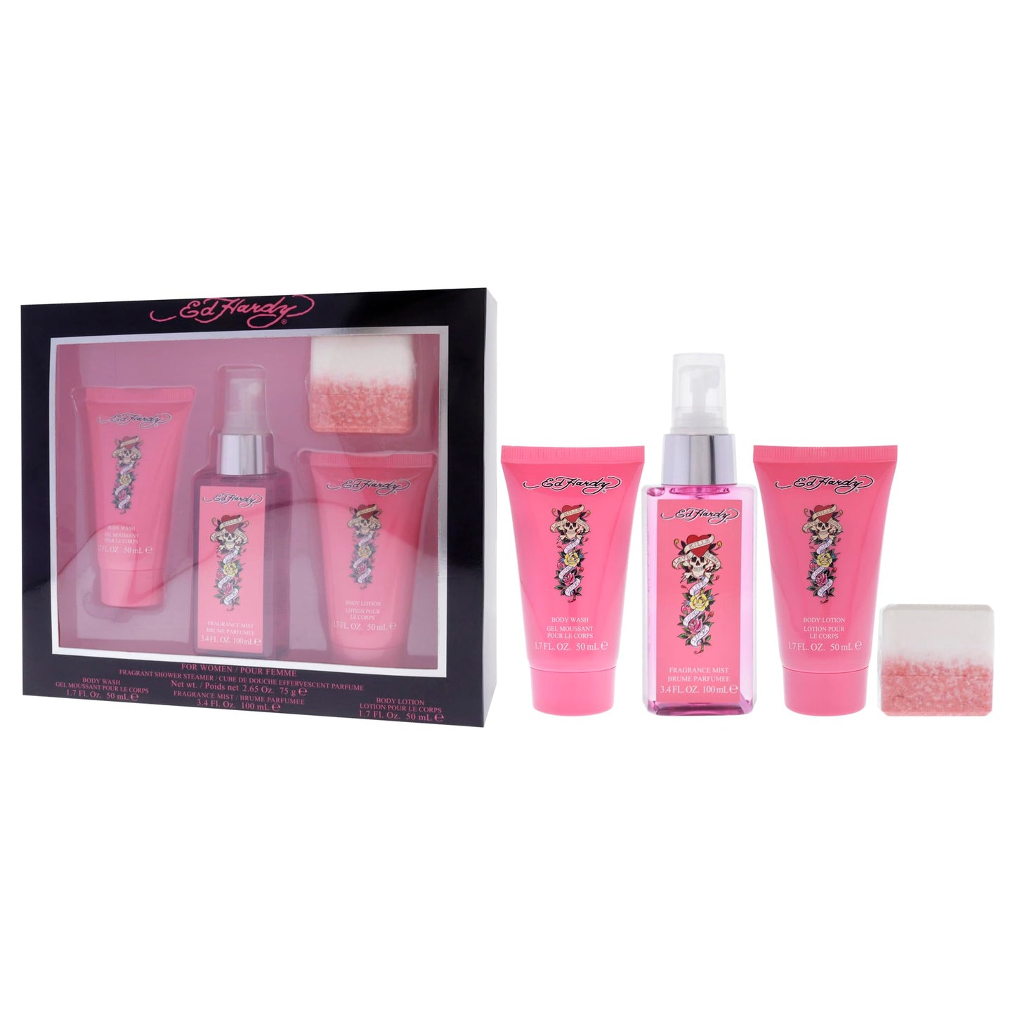 Ed Hardy 4 Pieces Gift Set for Women, (3.4 Ounce Body Mist + 1.7 Ounce Body Lotion + 1.7 Ounce Body Wash + 2.65 Ounce Shower Steamer) Beauty & Personal Care ED HARDY