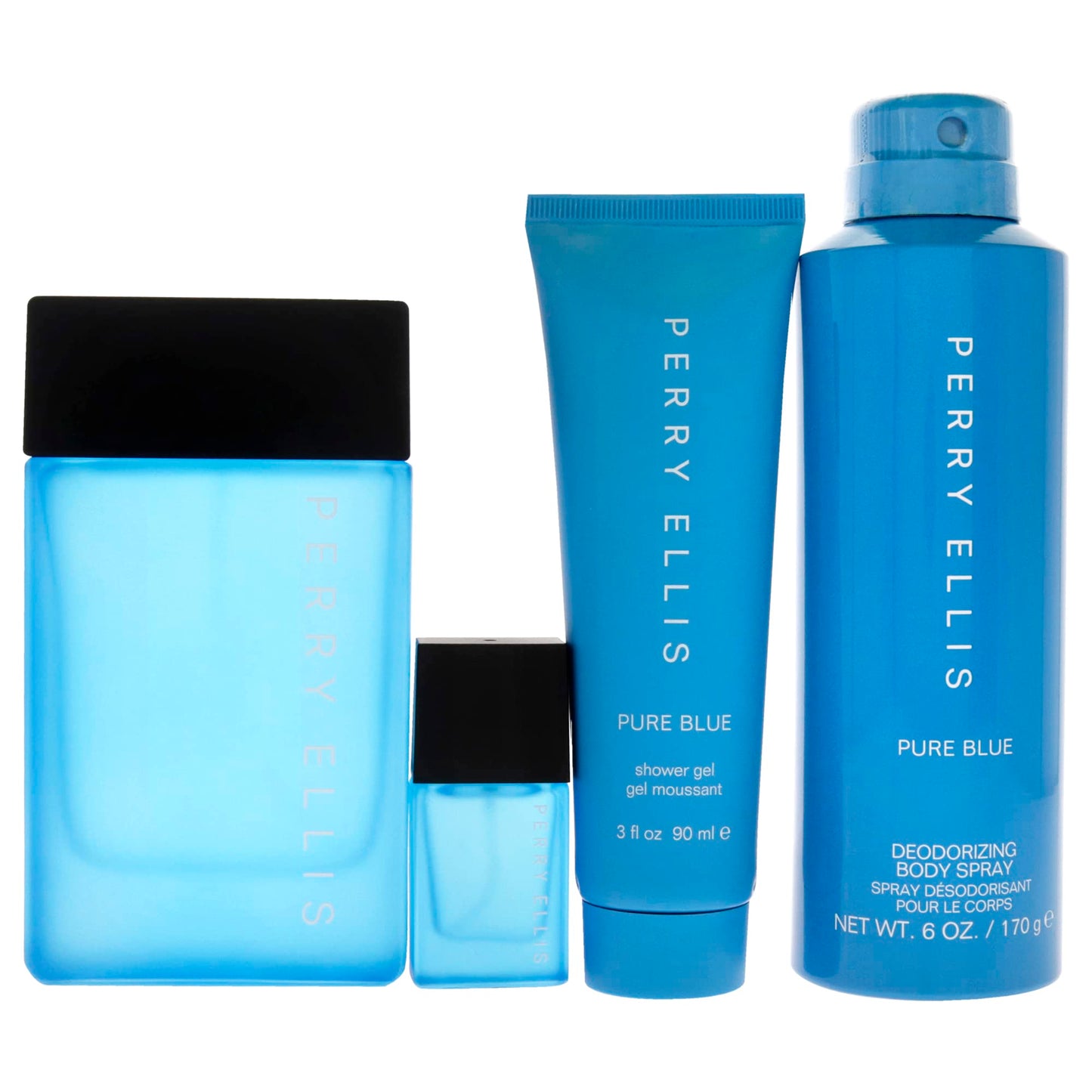Perry Ellis Perry Ellis Pure Blue 3.4oz EDT Spray, 3oz Shower Gel, 6oz Deodorant Body Spray, 7.5ml Travel EDT Spray Men 4 Pc Gift Set Beauty & Personal Care Perry Ellis