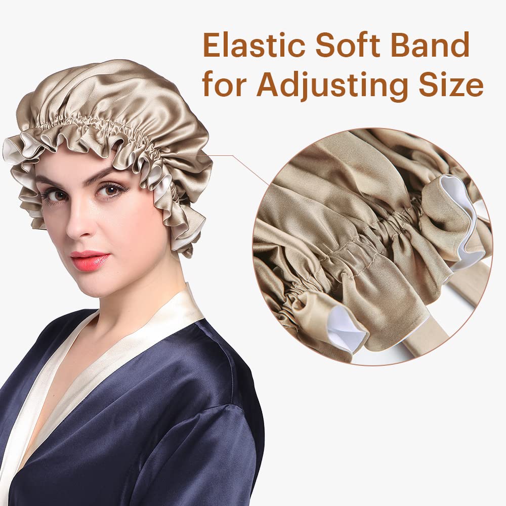 LilySilk Pure Silk Lined Cap for Women Sleep, Double Layered, Adjustable Ribbons, Luxury Natural Silk Bonnet Cap for Sleeping Coffee+White Beauty and Personal Care LilySilk
