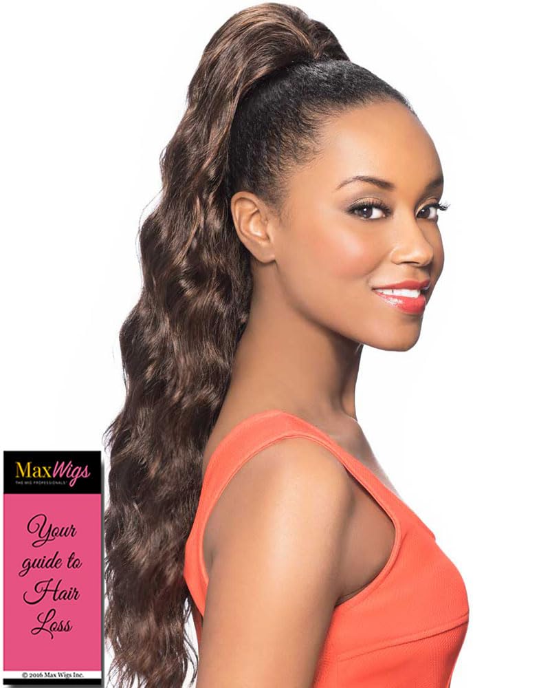 Maxwigs DS011 Ponytail Waves Color F1B30 - Foxy Silver Wigs 20" Length Wavy Drawstring Updo Style Hairpiece Extension Synthetic Black Grey Full Bun