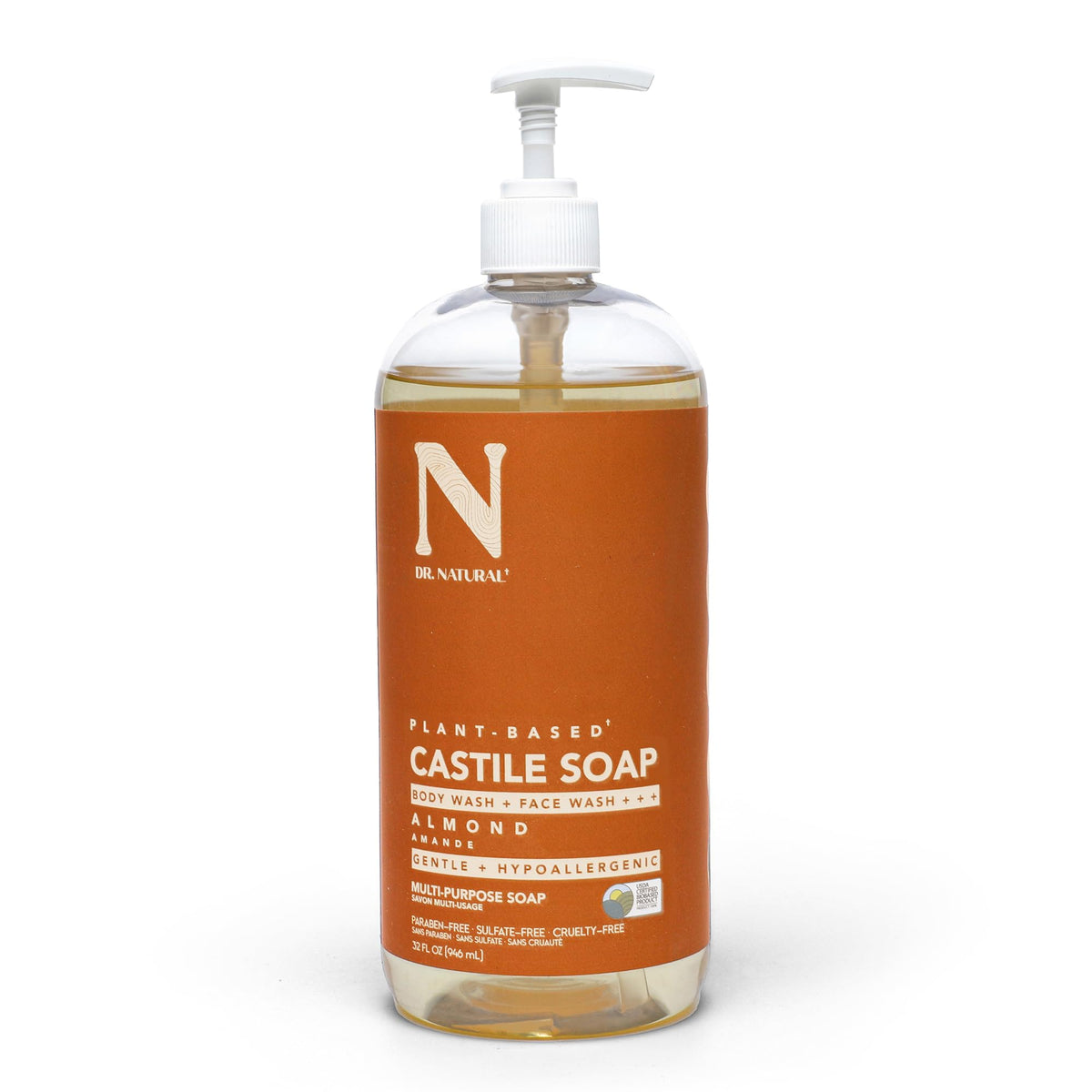 Dr. Natural Castile Liquid Soap - Multi-Use Body Wash, Shampoo and Face Wash - Hydrating Body Soap for Skin, Hair, Pets and Home - Almond - 32 oz. Beauty & Personal Care Dr. Natural