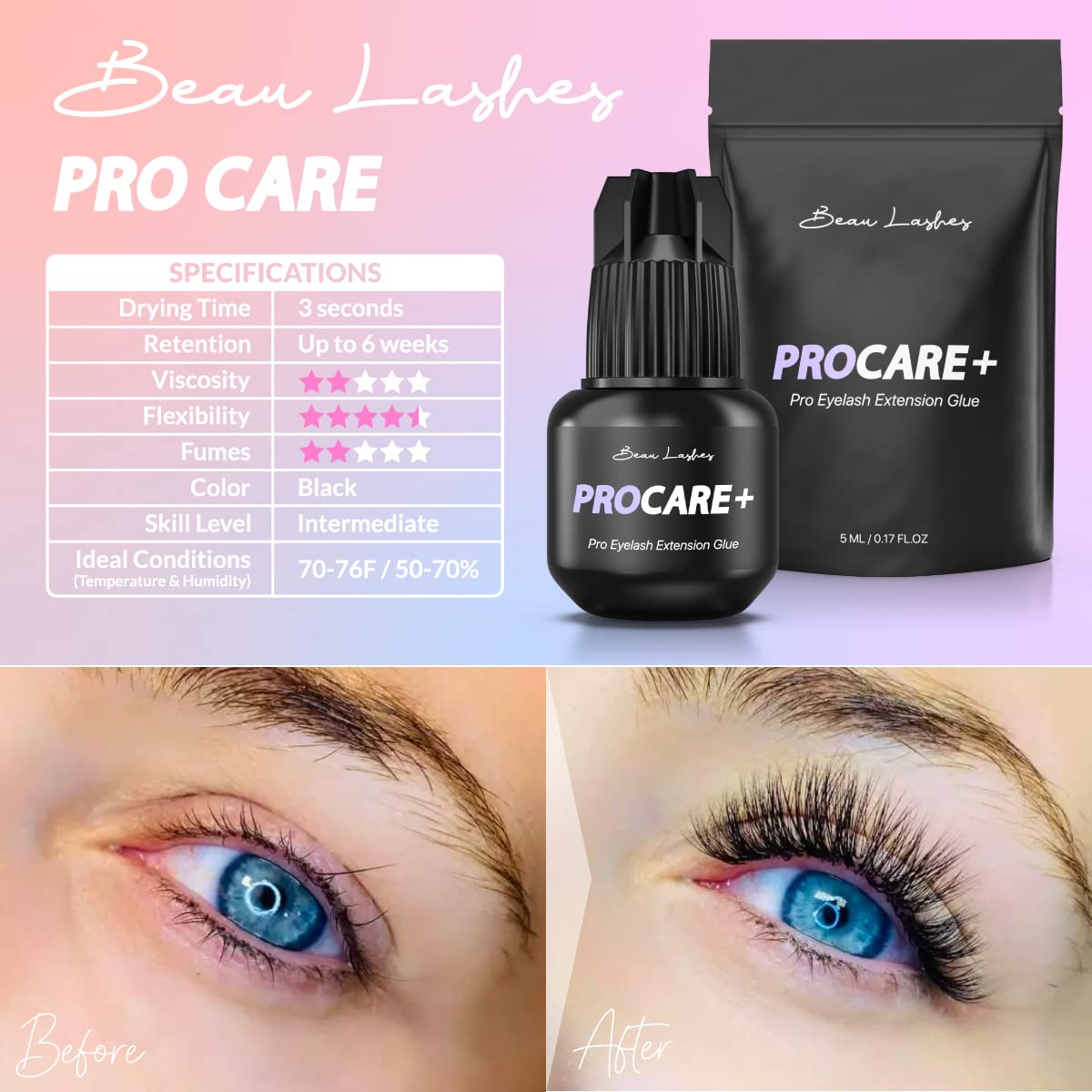 Extra Strong Eyelash Extension Glue for Professionals - Super Strong Black Bonding Adhesive for Long Lasting Semi Permanent Individual Lash Extensions Beauty & Personal Care BEAU LASHES