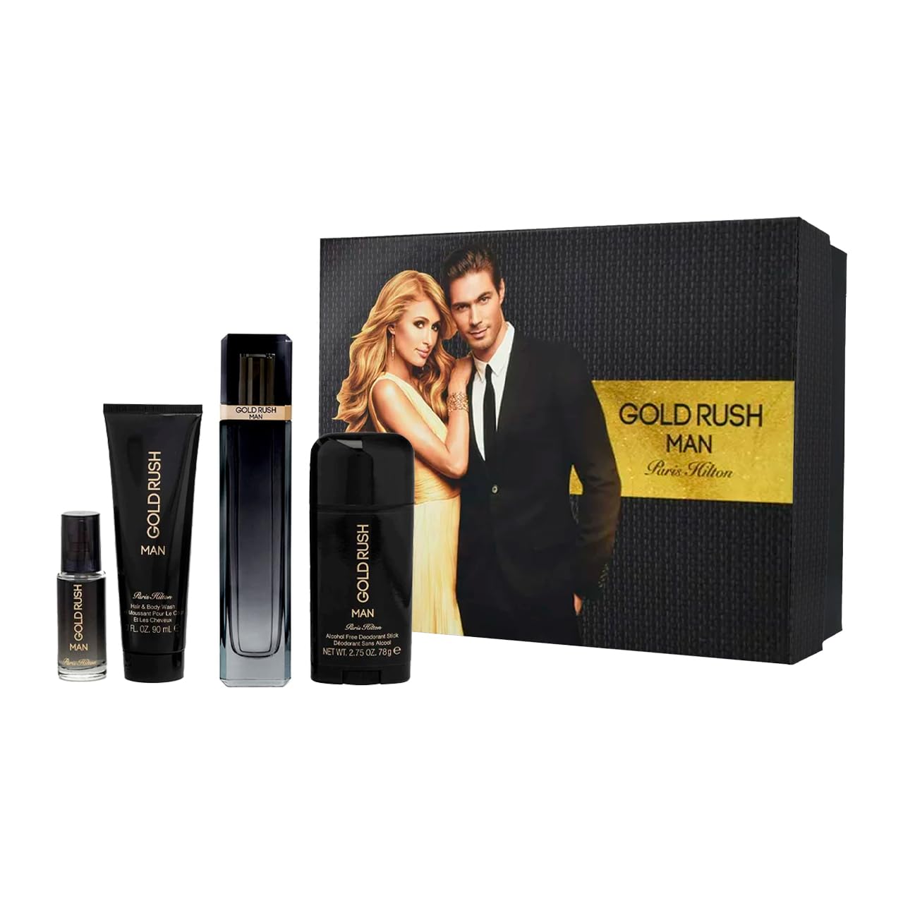 Gold Paris Hilton Gold Rush Man Men 3.4oz EDT Spray, 0.5oz EDT Spray, 3.0oz Hair Body Wash, 2.75oz Alcohol Free Deodorant Stick 4 Pc Gift Set , Beauty & Personal Care Paris Hilton