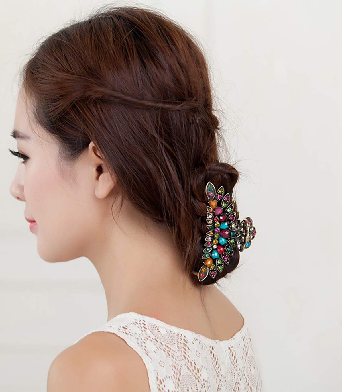 Women Lady Retro Flowers Hair Claw Clip Vintage Alloy Rhinestone Non-Slip Hair Jaw Clips Hairpin Large Hair Updo Grip Bath Accessories for Thick Hair Beauty & Personal Care Fodattm