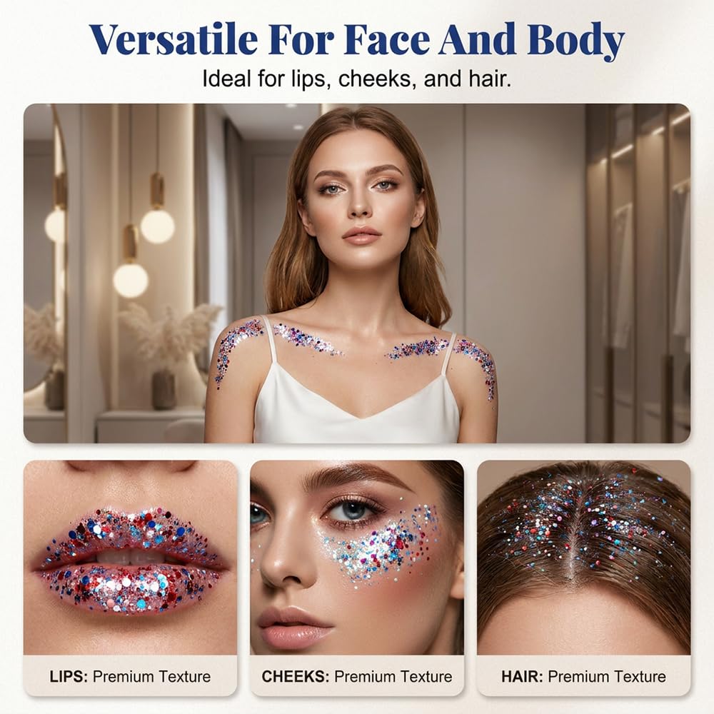 4th of July Glitter Stick, Patriotic Red White and Blue Face Hair Body Glitter Stick, 4th of July Outfits for Women Men, Sparkling Glitter Makeup Beauty & Personal Care TAQIYEZ