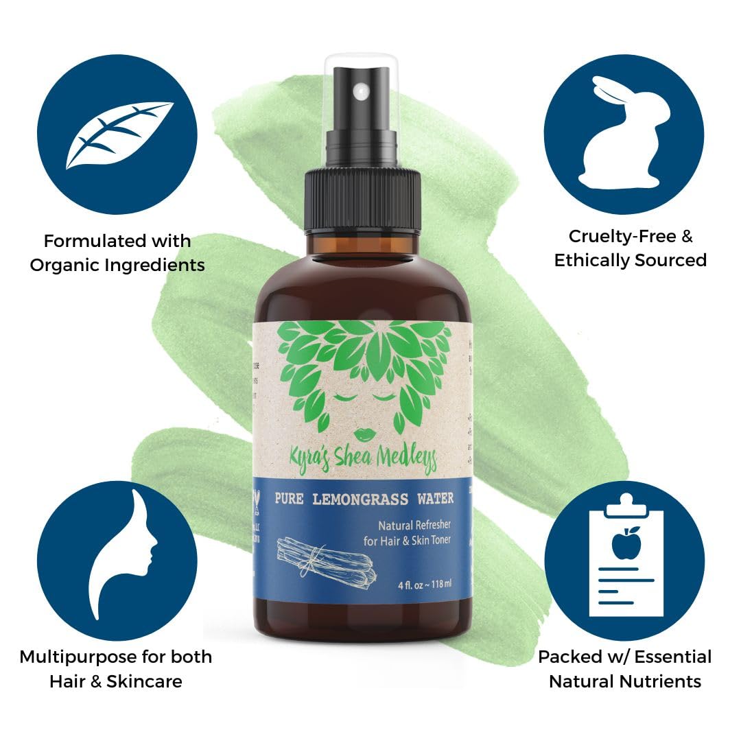 Multiuse Lemongrass Water Toner Mist for Face, Body, and Hair - Pure Distilled Lemograss Water Spray - Soothes and Hydrates Skin, Scalp, Hair, & Nails Beauty & Personal Care Kyra's Shea Medleys