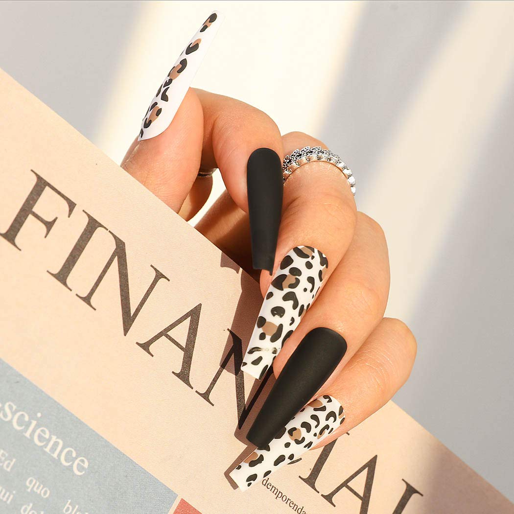 Sethexy Leopard Ballerina False Nail Matte Long Coffin Fake Nails Press on 24Pcs Acrylic Art Nail Tips For Women and Girls (Black) Beauty & Personal Care Sethexy
