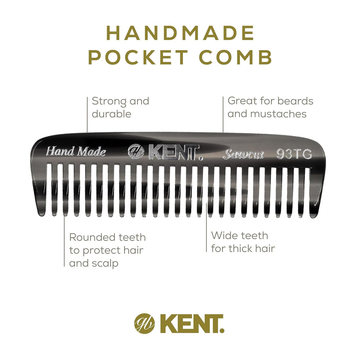 Kent 93T Black Graphite Beard Comb for Men - Wide Tooth Men's Comb, Ideal For Mustaches and Beards and Facial Hair, Small Pocket Sized Travel