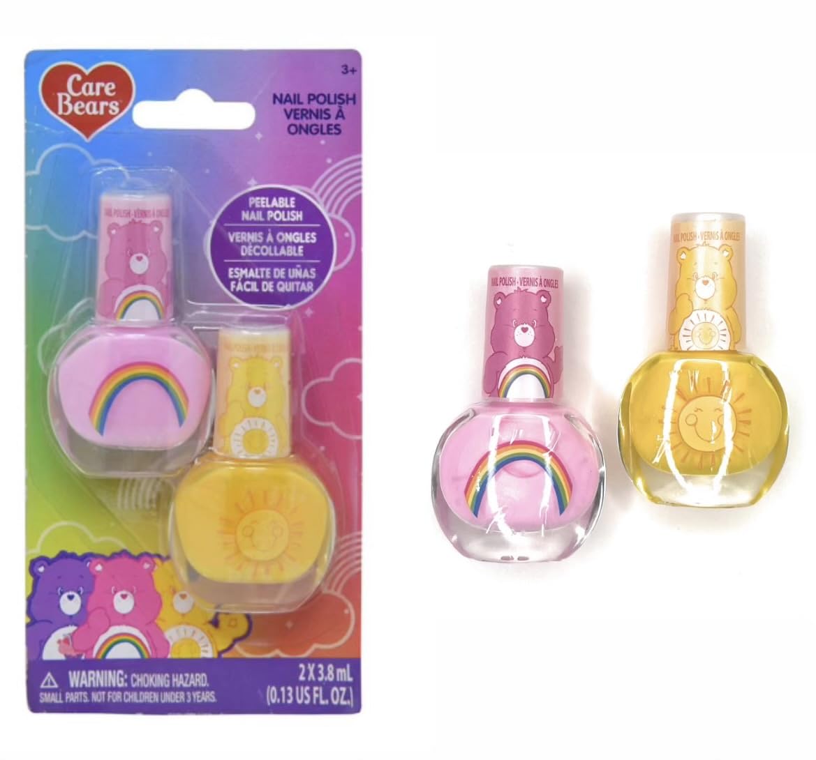 Townley Girl Care Bears 2 Pack Nail Polish on Card - Water-Based, Durable - Dry Immediately and Smooth Coverage Nail Polish Set