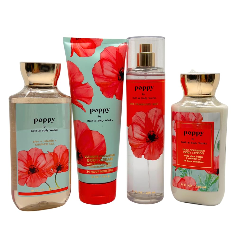 Bath & Body Works POPPY 4-Piece Deluxe Gift Set with a Blue Bow for Holidays & Gifts - Body Lotion, Shower Gel, Body Cream and Fine Fragrance Mist Beauty and Personal Care Bath & Body Works