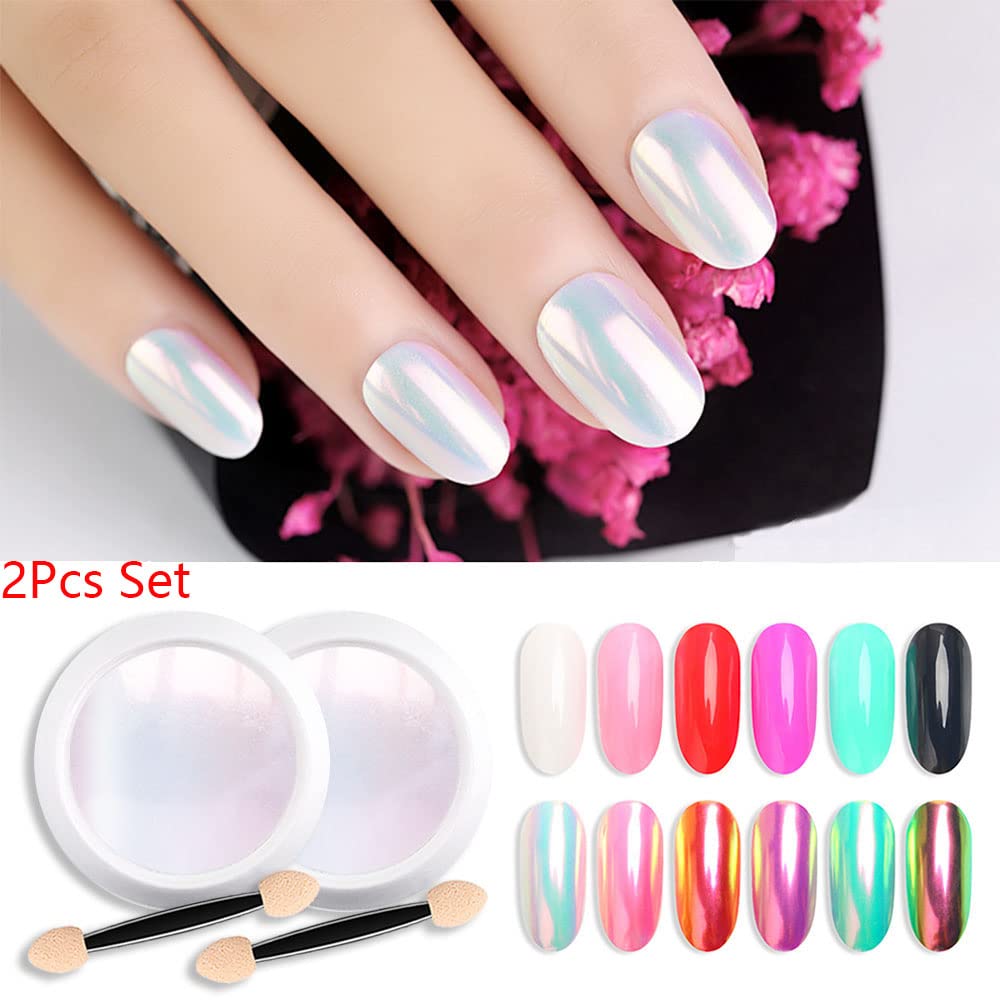 evpct 2Pcs Pearl White Mermaid Aurora Chrome Nail Powder Kit for Gel Nails Polish Rainbow Holographic Iridescent Chameleon Metallic Neon Nail Pigment Beauty & Personal Care evpct