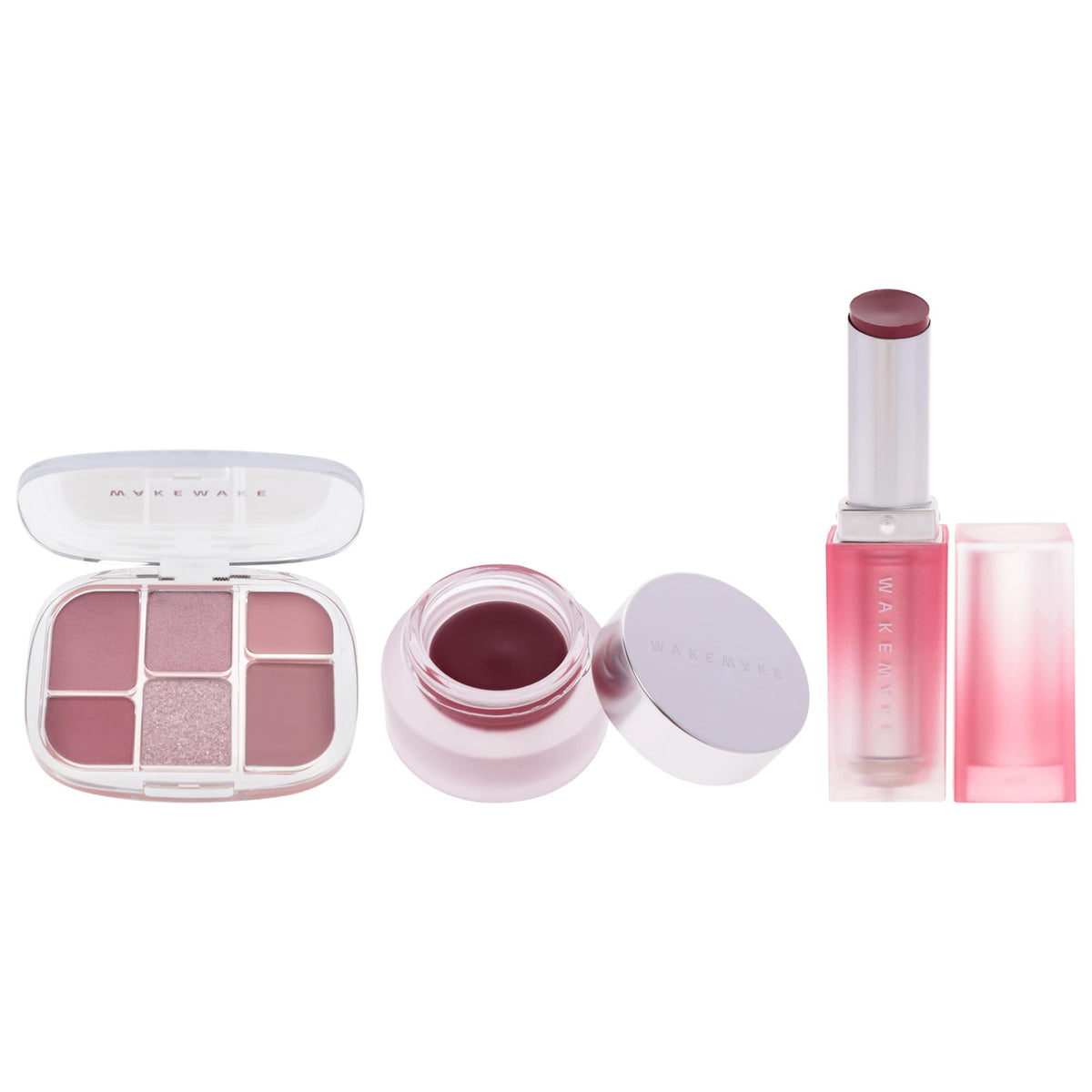 Wakemake Kit by Wakemake for Women - 3 Pc Kit 0.22oz Makeup - 03 Lavander Pleasure, 0.15oz Makeup - 08 Berry Blum, 0.12oz Lipstick - 08 Hush Now