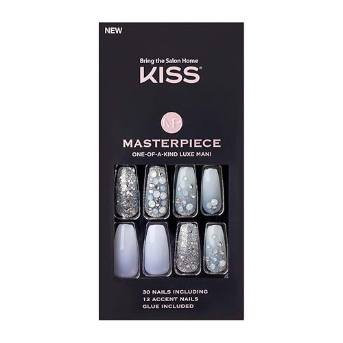KISS Masterpiece One-Of-A-Kind Luxe Mani, Long Length, Premium Acrylic Fake Nails, Style “No.1”, with Pink Gel Nail Glue, Manicure Stick, Mini File, Beauty & Personal Care KISS