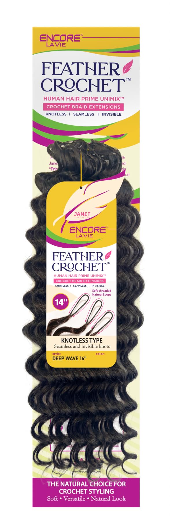 Janet Collection Encore Lavie Pre-Separated Feather Crochet Deep Wave 14" - Knotless Crochet Braid Extensions (color #1)