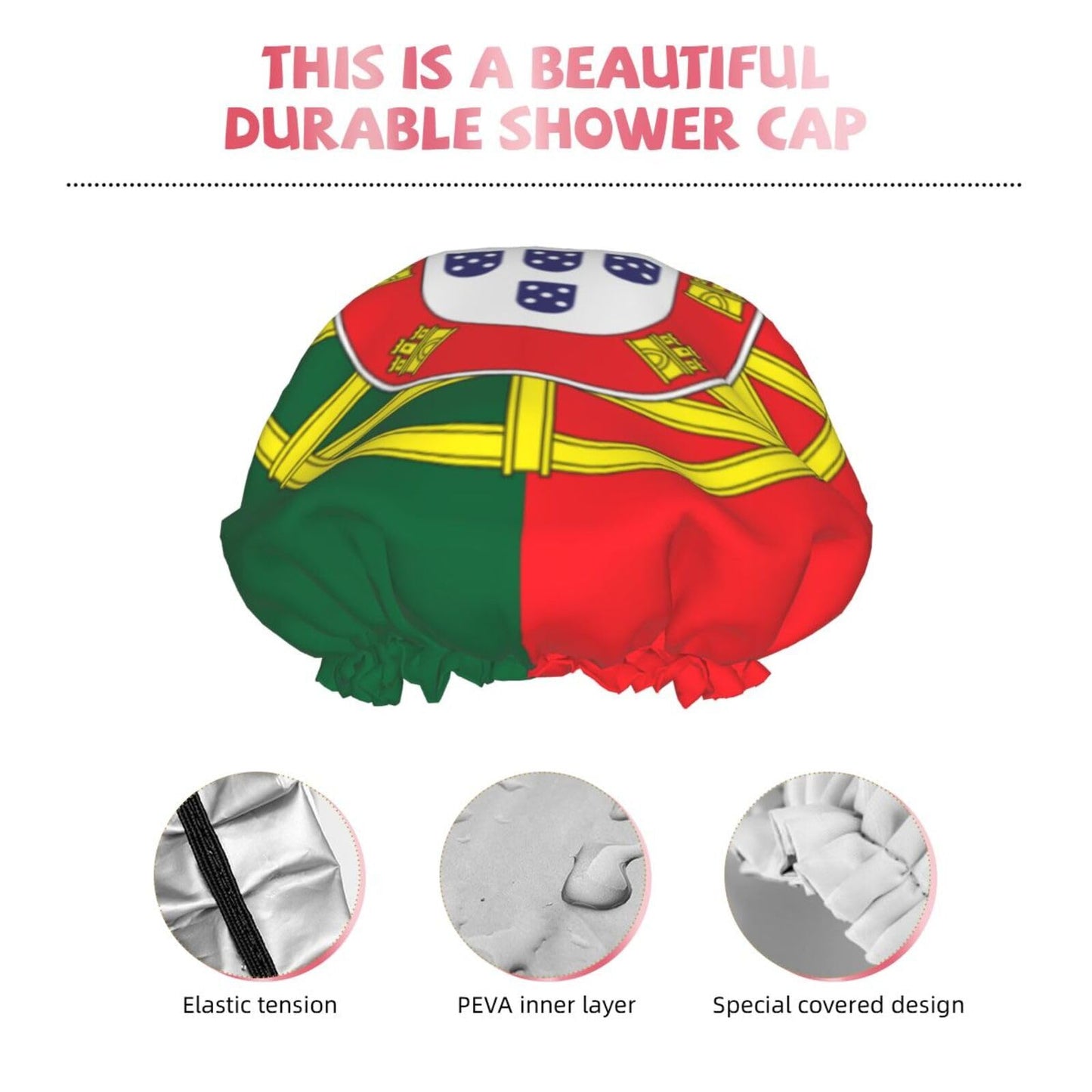 Portugal Flag Prints Shower Cap Double Layer Lined Waterproof Bathing Shower Hat Beauty and Personal Care Hayyett
