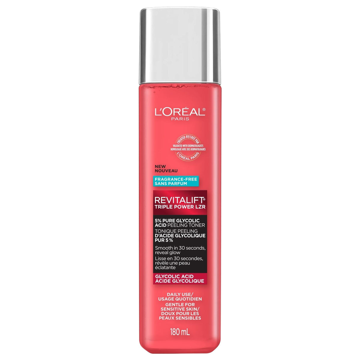 L'Oreal Paris Revitalift 5% Pure Glycolic Acid Peeling Toner with Aloe Vera, Alcohol Free, Fragrance Free 6 fl oz