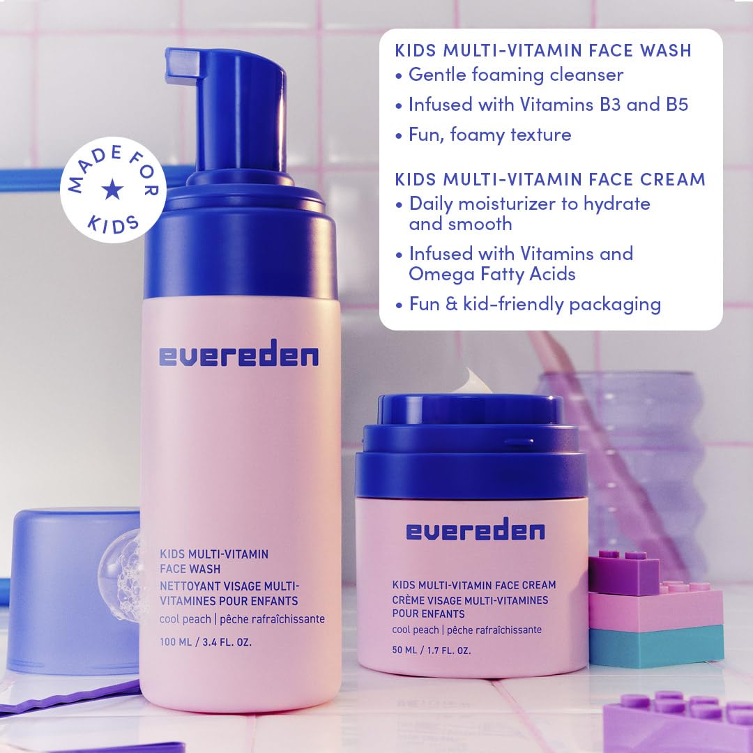 Evereden Kids Happy Face Duo (Cool Peach) - Multi-Vitamin Face Wash & Face Cream Set - Clean & Vegan Skin Care for Kids 3+ - Moisturizing, Nourishing Beauty and Personal Care Evereden