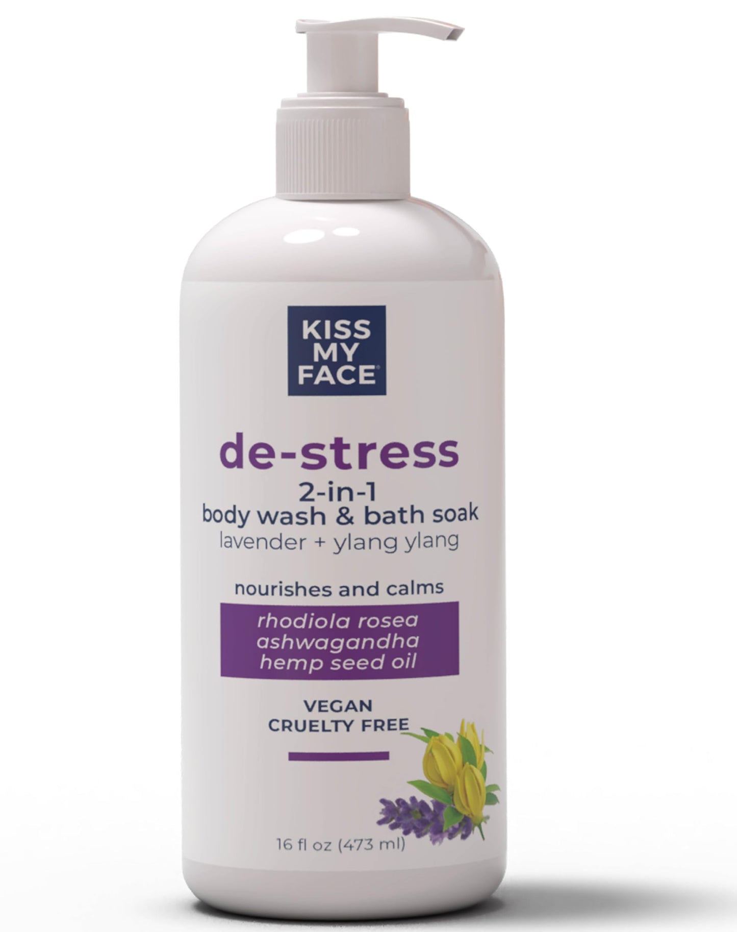 Kiss My Face De-Stress 2-in-1 Body Wash & Bath Soak Lavender + Ylang Ylang - Vegan Body Wash - 16 oz Bottle with Pump (Lavender & Ylang Ylang, Pack Beauty & Personal Care Kiss My Face