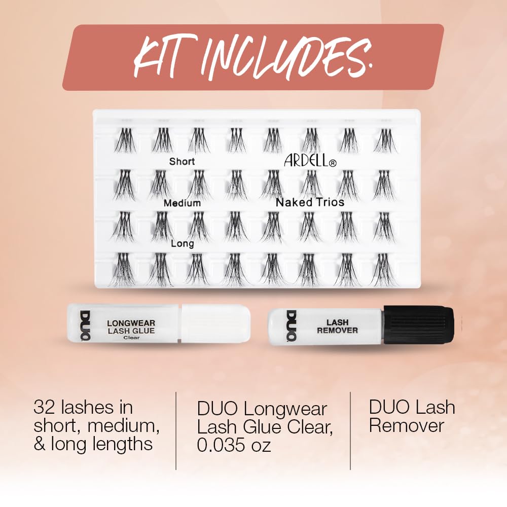 Ardell Naked Lashes Trios Kit - Natural Look Cluster Lashes with Lash Glue & Remover, DIY Eyelash Extensions, 3-Day Wear, 32 Clusters