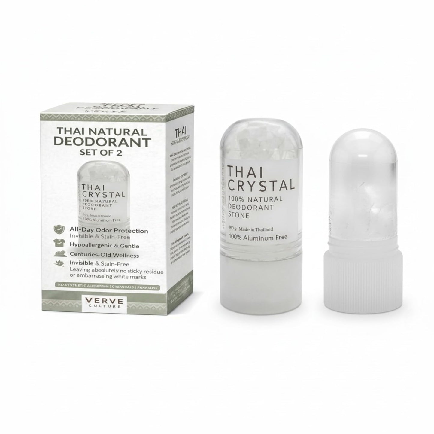 All-Natural Mineral Deodorant Stick Set of 2- Non Aluminium Thai Crystal Stone for Lasting Odor Control, Unisex, By Verve CULTURE Beauty and Personal Care Verve CULTURE