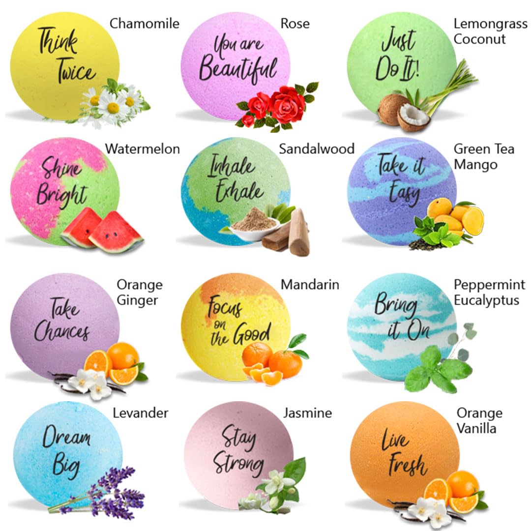 Bath Bombs for Women Relaxing with Inspirational Messages, 12 Natural and Organic Bath Bombs with Essential Oils & Skin Moisturizing Shea Butter. Beauty and Personal Care Mineral Me California