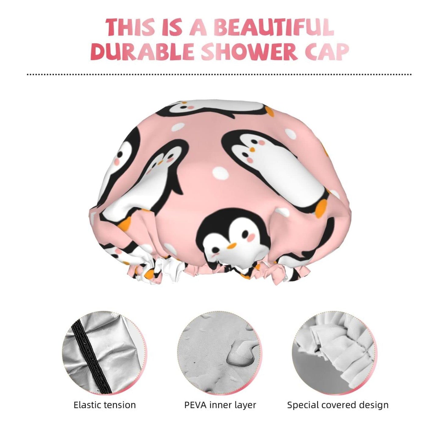 Cute Animal Penguin Shower Cap For Women Adjustable Double Waterproof Layers Bathing Shower Hat Hair Protection Reusable Ladies Spa Salon Shower Hat Beauty and Personal Care SUYGGCK