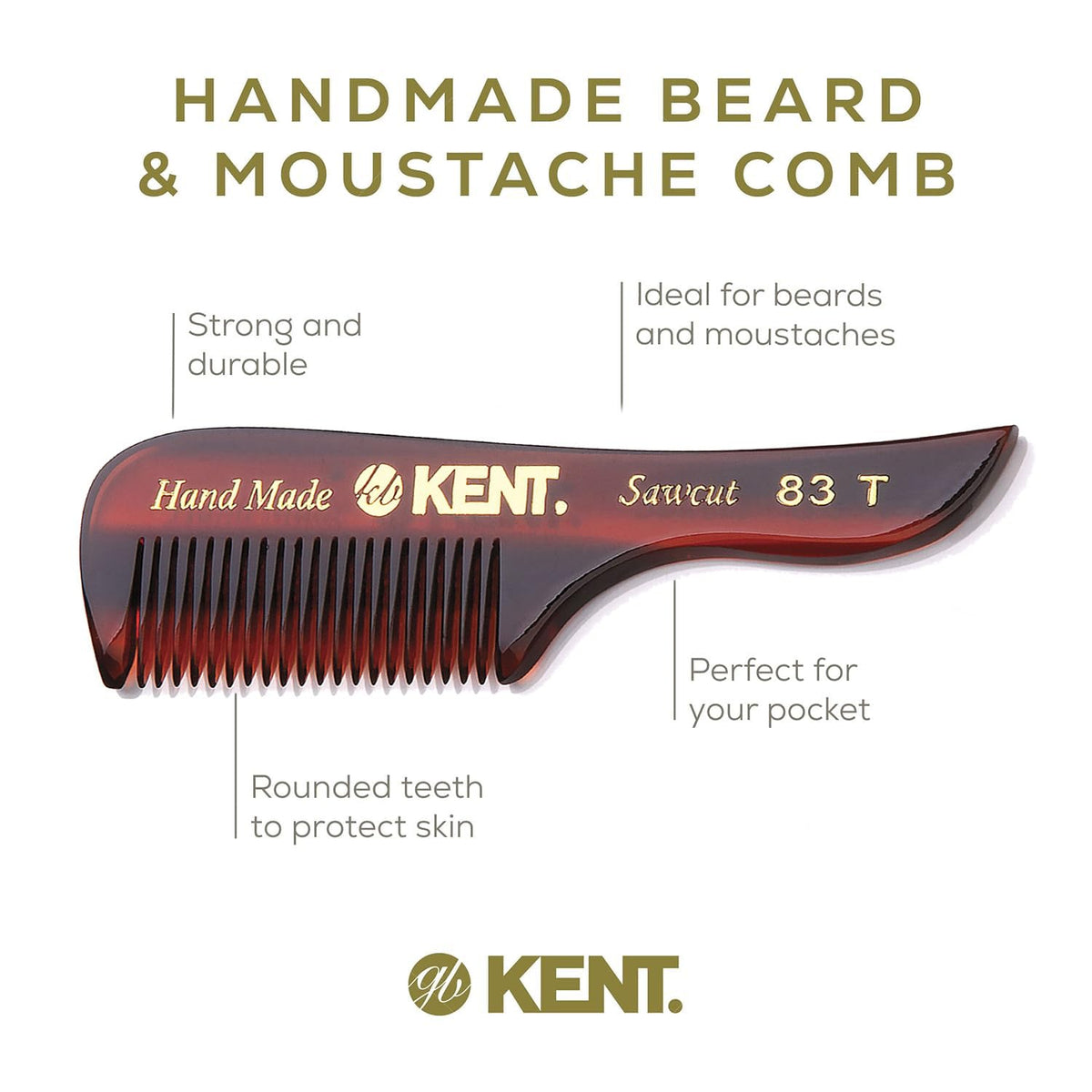 Kent 83T Small Gentleman's Beard and Mustache Pocket Comb, Fine Toothed Pocket Size for Facial Hair Grooming and Styling. Saw-cut of Quality Cellulose