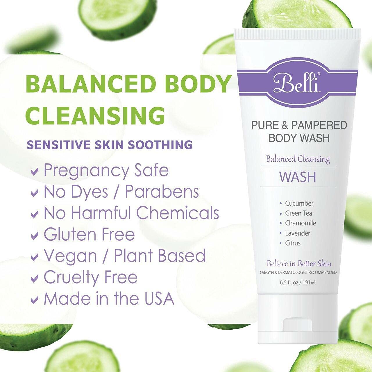 Belli Skincare Pure and Pampered Body Wash, Moisturizing Skin Cleanser, Contains Cucumber Green Tea Extracts, For All Skin Types, Dermatologist Beauty & Personal Care Belli