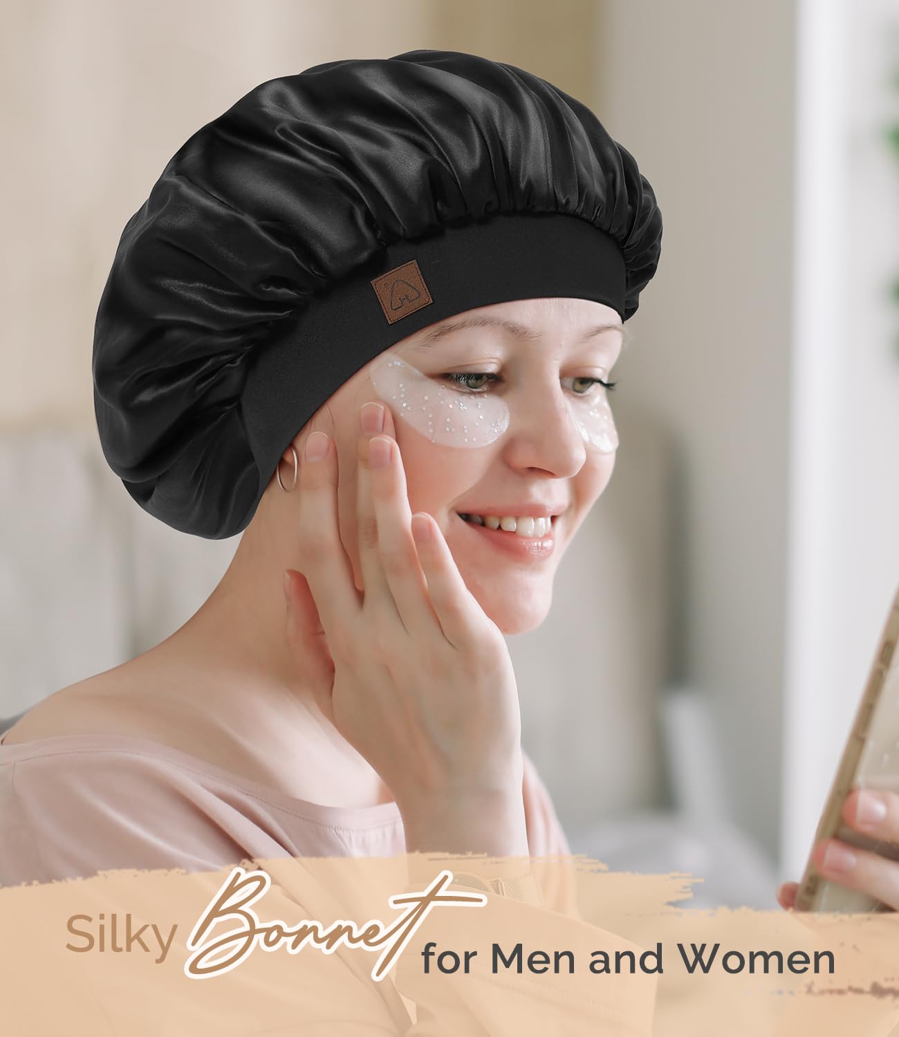 Hat Hut Satin Bonnet Silk Bonnet Sleep Cap for Women Hair Bonnet for Curly Natural Hair Sleeping Adjustable Wide Band Double Layer (Black) Beauty & Personal Care Hat Hut