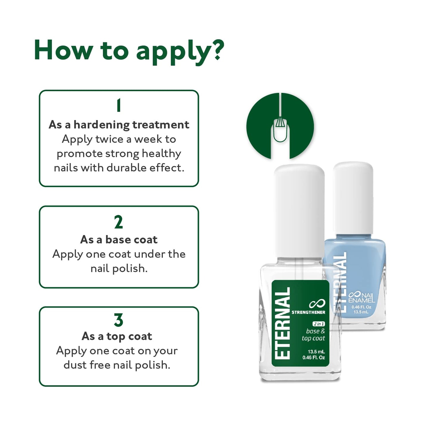 Eternal 2 in 1 Nail Hardener Base Coat Top Coat - 13.5 mL Nails Strengthener with Long Lasting Shine Finish for Strong Nails, Fingernail Polish Wear Beauty & Personal Care Eternal