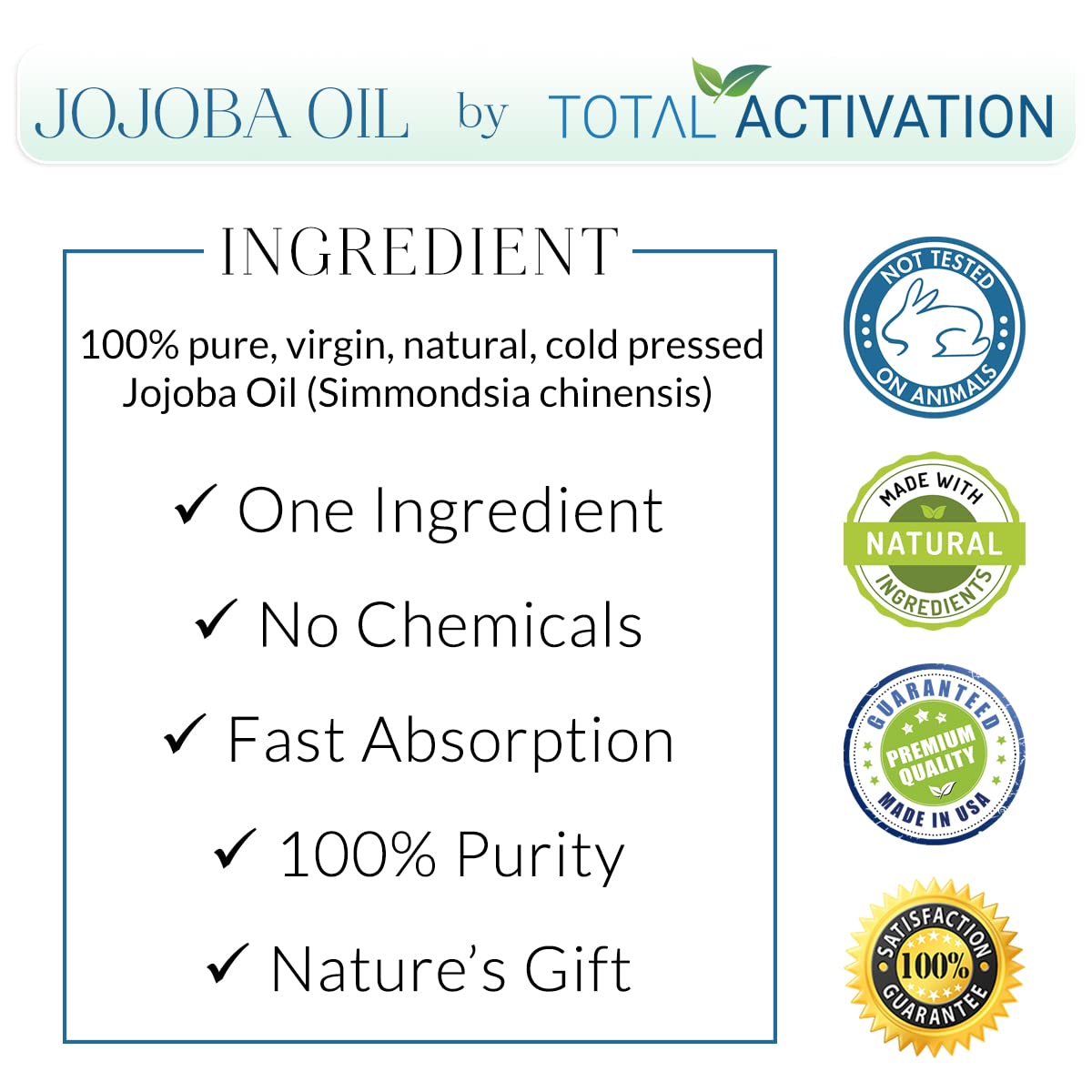 Total Activation Organic Jojoba Oil for Skin, Hair & Nails, 100% Pure Natural Unrefined Cold Pressed, Natural Face Moisturizer, Hair Moisturizer Beauty & Personal Care Total Activation