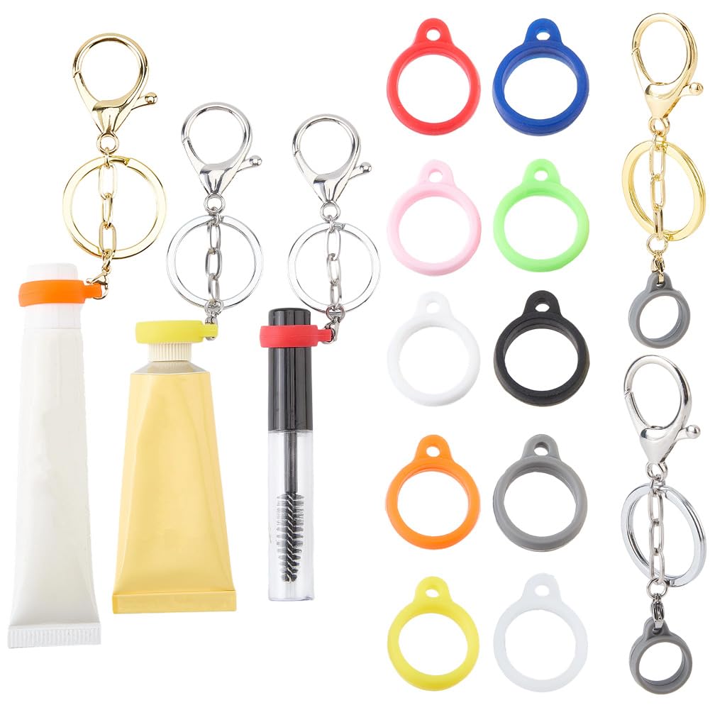 CRASPIRE 14Pcs Lip Balm Holder Key Chains Silicone Rubber Rings Holder Keychain Cap Gold Silver Alloy Lips Gloss Lobster Clasp Portable Elastic Beauty and Personal Care CRASPIRE