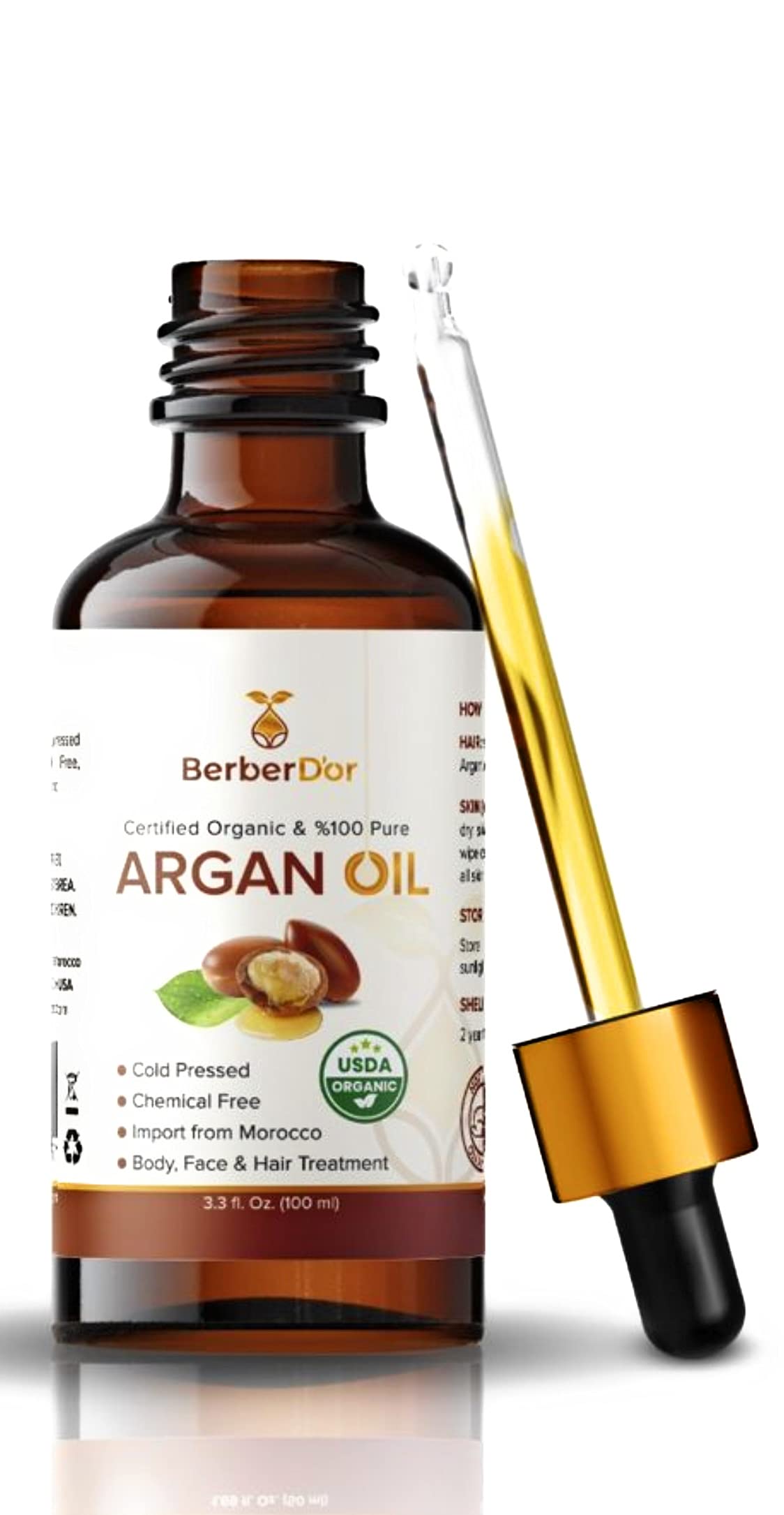Berber D’Or 100 Pure Natural Organic Argan Oil For Body, Hair, Face, Nails | Eco-Certified, USDA Approved Import From Morocco (3.4 FL OZ 100 ML) Beauty & Personal Care Berber D’Or